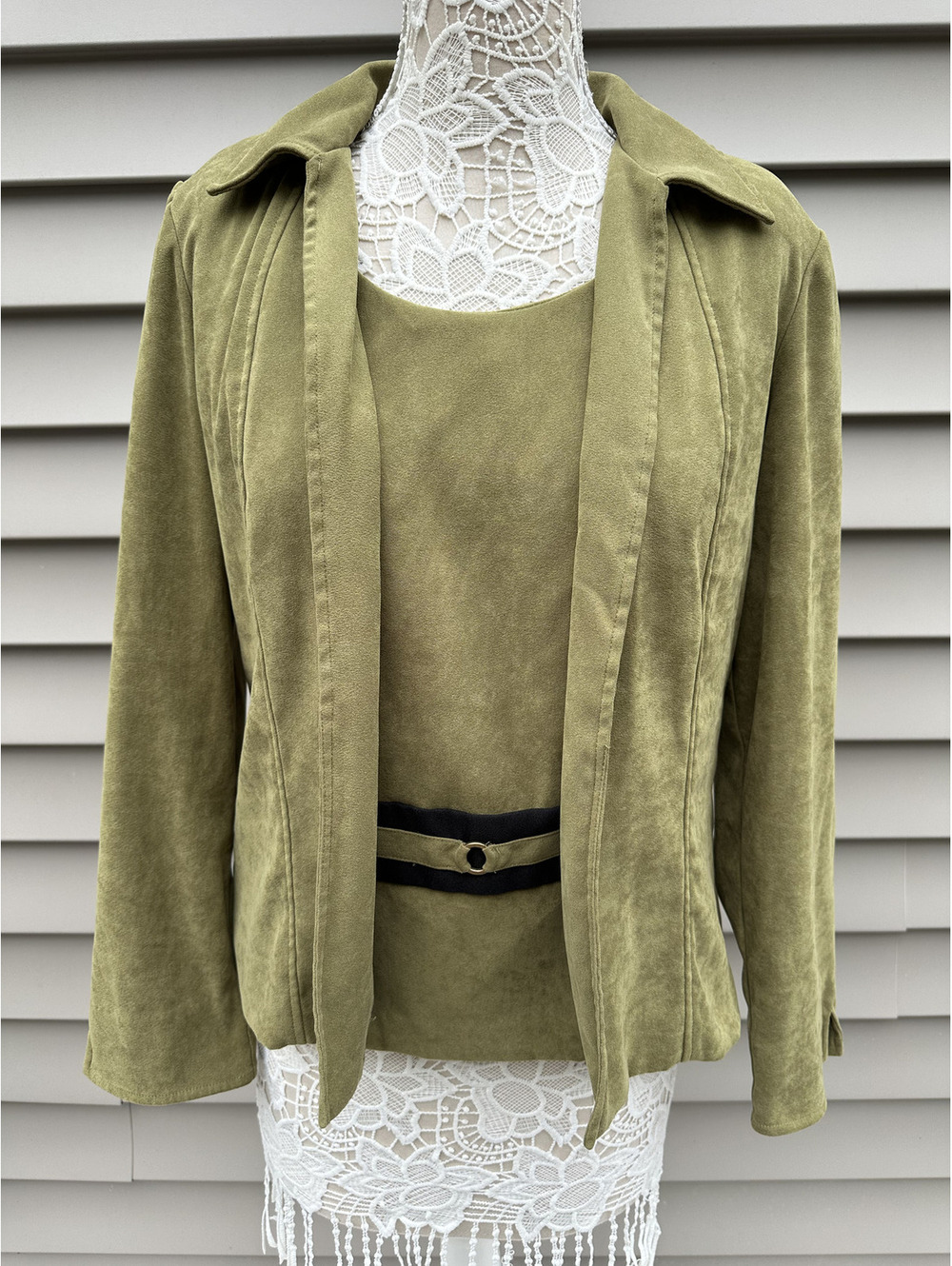 R&K Originals Olive Green Suede Two Piece Suit Set Jacket and Tank Top